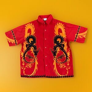 Vtg KMart Y2K Skater Grunge Rave Shirt Dragon Flame Button Size 7 (M) Streetwear